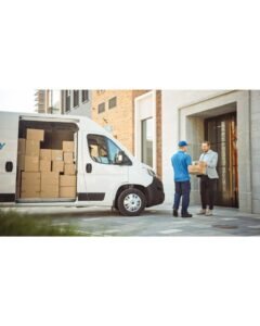 Delivery Man Gives Postal Package to a Business Customer, Who Signs Electronic Signature POD Device. In Stylish Modern Urban Office Area Courier Delivers Cardboard Box Parcel to a Man